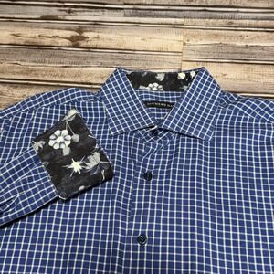 HAMMER MADE Mens Dress Shirt Blue Gingham‎ Check Floral Flip Cuff Size 41/16